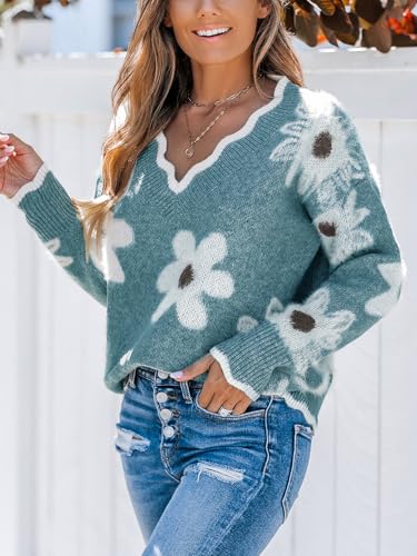 Image of CUPSHE Sweaters for Women Long Sleeve Pullover Knit Tops | Floral Scalloped V Neck Pullover Sweaters, Soft and Cozy Fabrics, Relaxed Fit, Fall Clothes, Winter Clothing, Cute Fashion