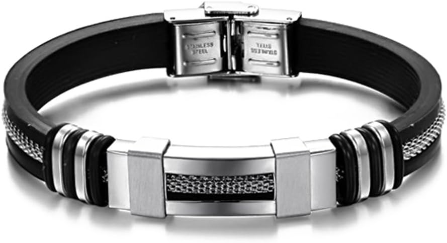 JSDY Mens Silicone Stainless Steel Snake Chain Cuff Bangle Bracelet Clasp 8.4" Silver