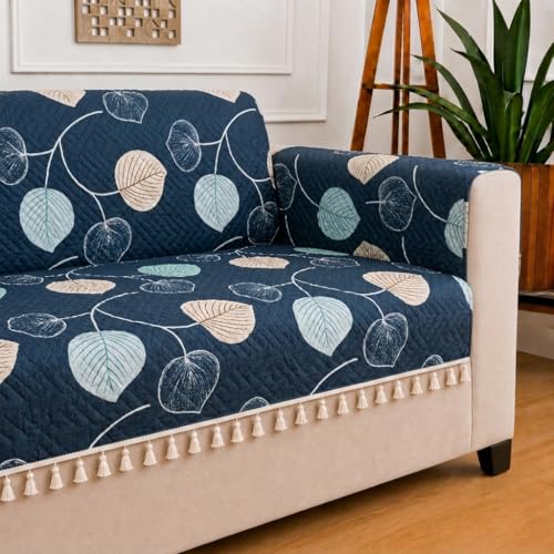 Image of STITCHNEST 'Frostvine Collection' 2 Seater Sofa Cover | Full Coverage with Armrest Pockets | Cotton Quilted Fabric, Decorative Tassels, Washable & Durable for Modern Living