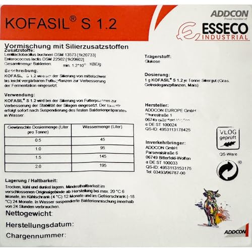 ADDCON KOFASIL S 1.2 - Siliermittel zur Verbesserung der aeroben Stabilität, Silagen aus Silomais, Maiskolbenprodukten (CCM, LKS), Getreide Gras (50 Gramm) - Heterofermentatives Bakterienpräparat