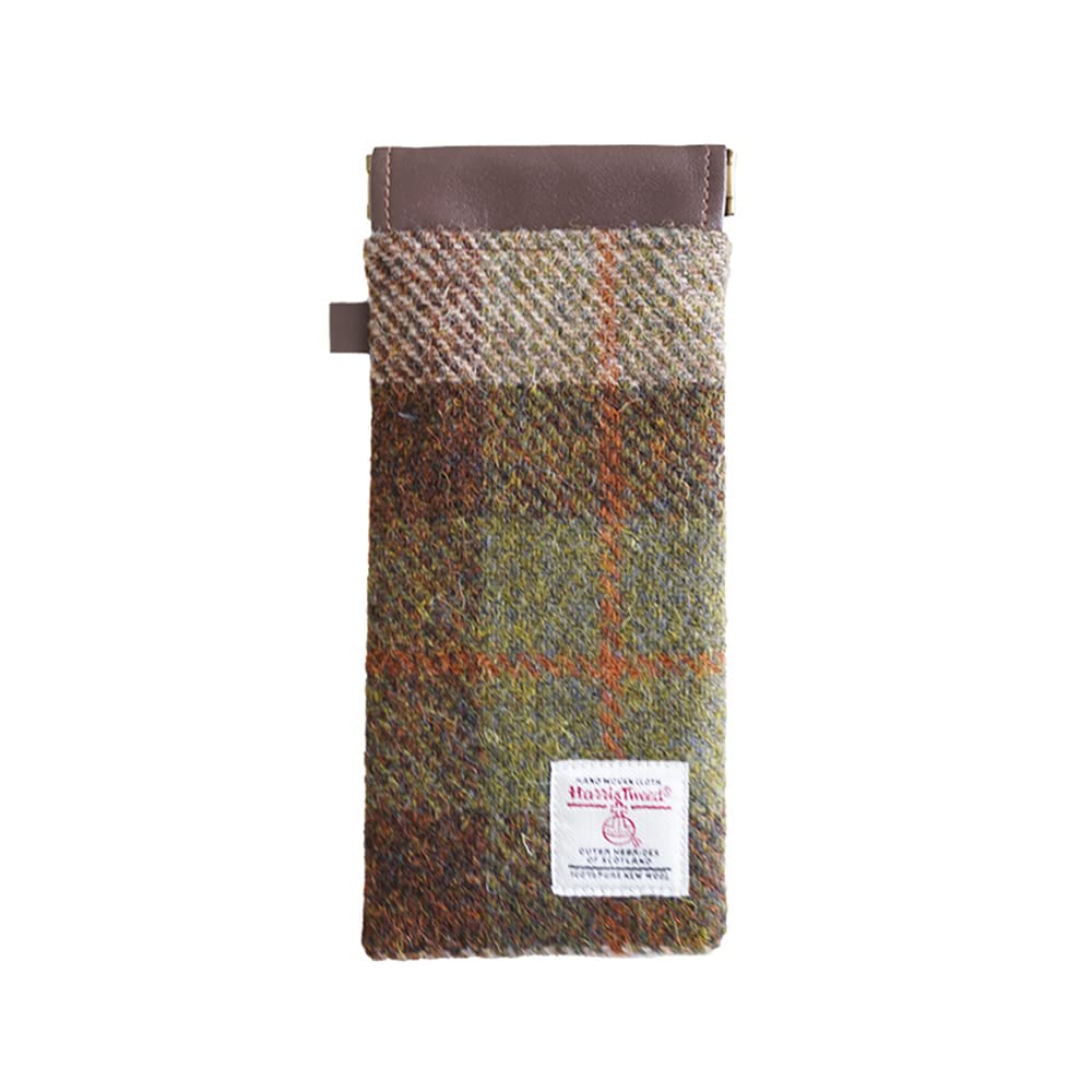 TAILORMAP Harris Tweed Squeeze Leather Sunglasses Pouch Spring Storage Glasses Pouch Holder (Brown and green plaid)