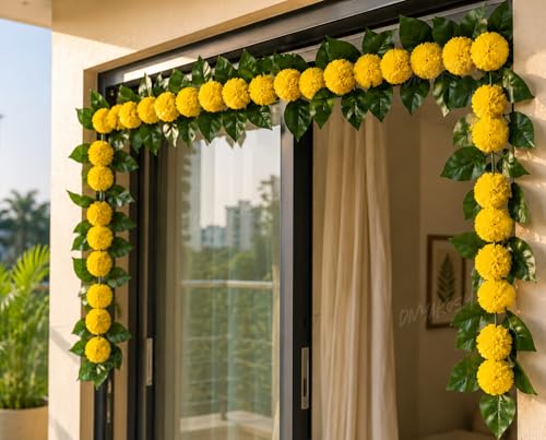 Image of Divyakosh Mango Leaf Vine /Creeper with Marigold Flowers for Door Entrance Decor - 80 Inch Artificial Floral Thoran /Bandarwal /Galrand, Festive Hanging for Diwali Pooja Ganpati Navratri Home
