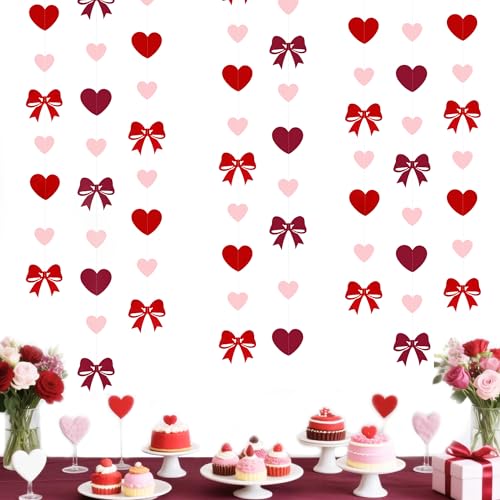 Heart Bow Decorations Burgundy Red Pink Heart Bow Hanging Garland Streamer for Anniversary Birthday Valentines Bachelorette Wedding Baby Shower Bridal Shower Engagement Hen Party Decorations Supplies