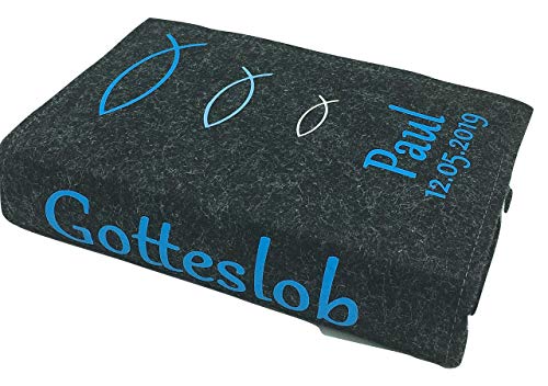 Gotteslob hülle mit Namen aus Filz Fisch Blautöne Gesangbuchhülle Gesangbuch einband Kommunion Gotteslobhülle