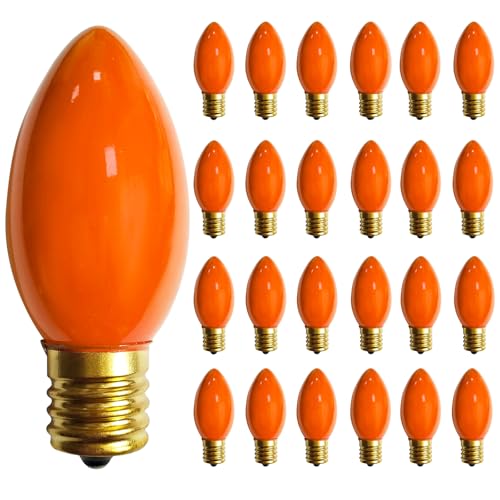 GOOTHY 25 Pack C9 Orange Halloween Replacement Light Bulb, C9 Orange Christmas Lights Bulbs for Halloween Outdoor Patio String Lights, E17 Intermediate Base Night Light Bulbs, 7 Watt, 120 Volt by GOOTHY - Used condition - US$16.58