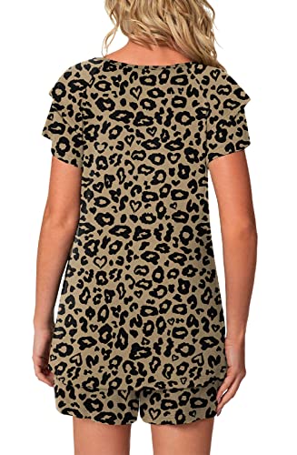 Aodemo Womens Summer Pajama Sets Ruffle Sleeve Sleepwear Ladies Nightwear Pjs Lounge With Pockets Xl, Leopard Khaki #TOP2