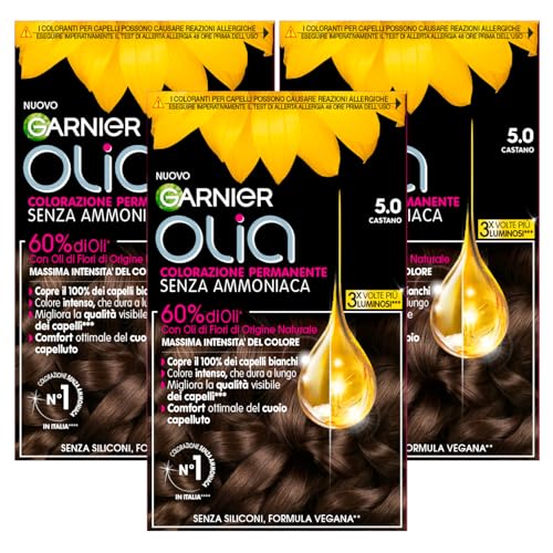 Garnier Olia Tinte permanente para el cabello, 5.0 Castaño, sin amoníaco, fragancia delicada, 3 tintes