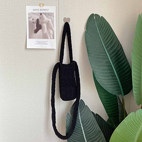 Cute Furry Water Bottle Carrier - Soft Plush Coffee Cup Holder for Sports, Gym, Hiking, Camping, Walking - Shoulder Strap [Black]