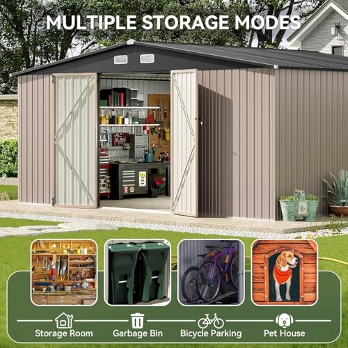 Image of Aoxun 14x12 FT Large Outdoor Storage Shed, Galvanized Metal Shed with 2 Lockable Tall Doors & Sloped Roof, Heavy Duty Utility Tool Storage House for Patio, Garden, Backyard, Lawn (Brown)