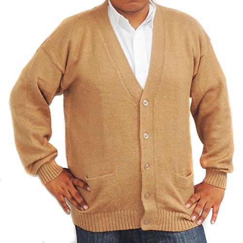 ALPACA CARDIGAN GOLF SWEATER JERSEY V neck buttons and Pockets made in PERU CAMEL M