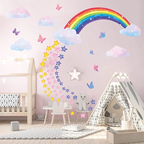 Kokolap Watercolor Rainbow Wall Decals,Colorful Rainbow Star Wall Stickers Nursery Decor,Peel And Stick Butterflies Clouds Vinyl Wall Sticker For Baby Room Kids Bedroom Living Room Playroom Home Decor #TOP1