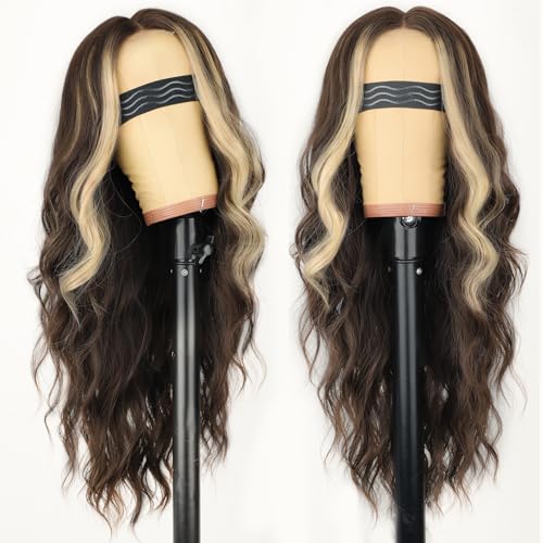 Image of AISI HAIR Dark Brown Mixed Light Blonde Wig for Women, Long Wavy Lace Hairline Middle Part Synthetic Heat Resistant Wig for Daily Party-26 Inch