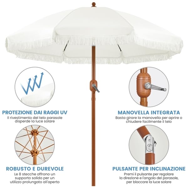 Yaheetech Ombrellone da Spiaggia Giardino Inclinabile con Frange 215 cm in Poliestere e Metallo con Borsa per Trasporto Protezione UV Esterno Cortile Piscina Crema