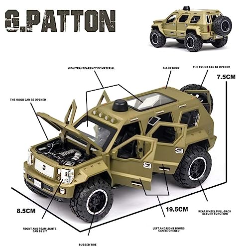 Image of 1:24 Scale Big G Patton Off-Road Toy Car | Metal Pullback Diecast Car for Kids with Openable Doors, Sound, Light Effects Toy for Car Enthusiasts (Color As Per Available),black