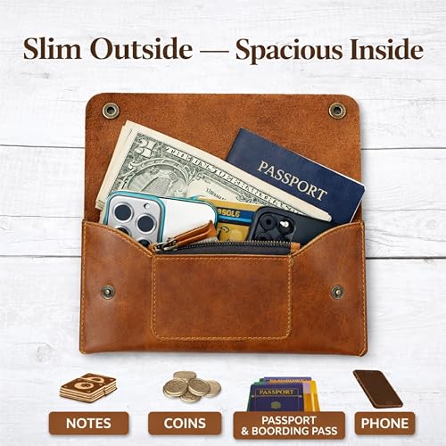 Image of Leather Currency Pouch, Currency Organiser, Dollar Bills Holder, Bills Organizer, Money Envelope with Mobile Pocket, Money Bag For Men & Women (TAN)