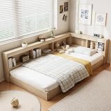 KUIKUI Single Bed frame with Storage, 3FT Corner Bed with Bookcase Headboard for Adults and Teenagers, Storage Bed L-Shaped Wooden for Bedroom, 90x190cm, Light Oak Color