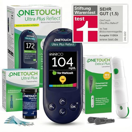 OneTouch Ultra Plus Reflect® Blutzuckermessgerät Set – Starterset Diabetes mg/dL – Inkl. 40...