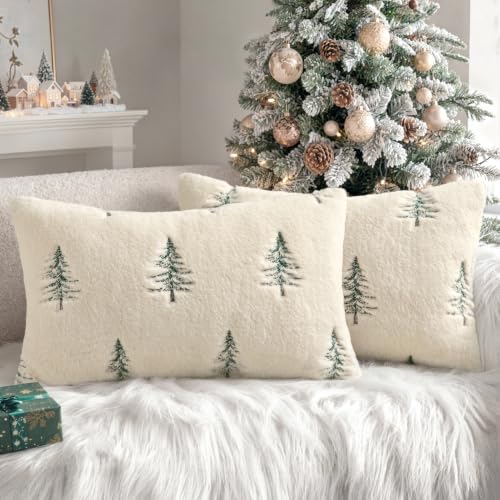 Image of MIULEE Christmas Lumbar Faux Fur Pillow Covers 12x20 Inch Beige Green | Set of 2, Embroidered Christmas Tree Throw Pillows, Winter Couch Covers, Festive Home Decor for Sofa Bedroom Living Room