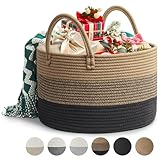 Rieeyrslza Wäschekorb für Decken 32L Geflochten Wäschesammler Baumwolle Seil Korb Faltbare Vielseitiger Aufbewahrungskorb mit Henkel Geeignet für Wohnzimmer und Schlafzimmer (3 Farbtöne Braun)