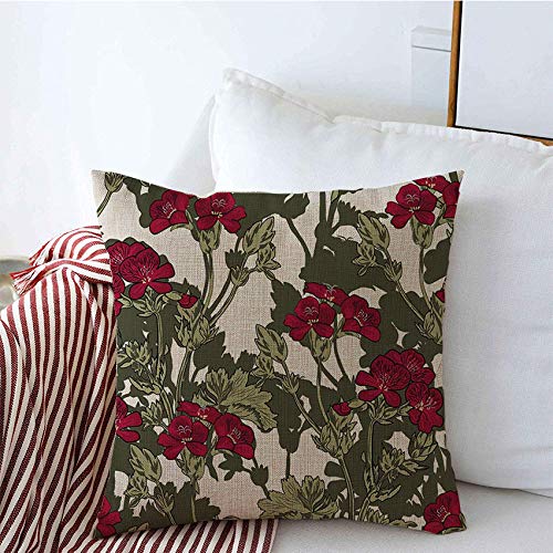 Starogs Decorative Throw Pillow Covers Stem Silhouette Red Bud Geraniums Meadow Flower Nature Petal Branch Blossom Pattern Textures Color Linen Square Pillow Case for Couch Sofa 16x16 Inch