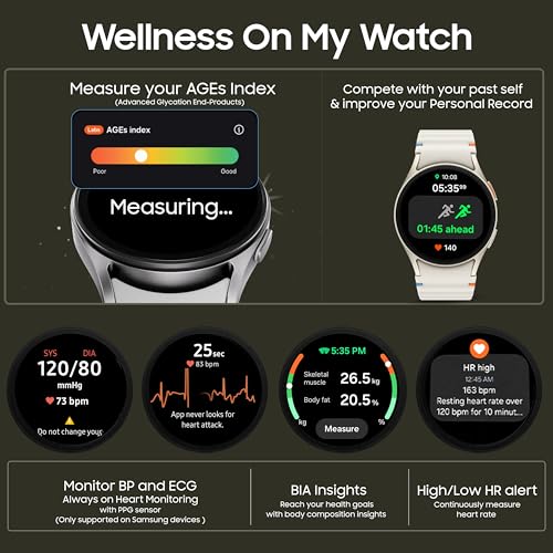 Image of (Refurbished) Samsung Galaxy Watch 7 (40mm, Cream, BT+LTE) with 3nm Processor | Dual GPS | Sapphire Glass & Armour Aluminum | 5ATM & IP68 | HR, SpO2, BP & ECG Monitor