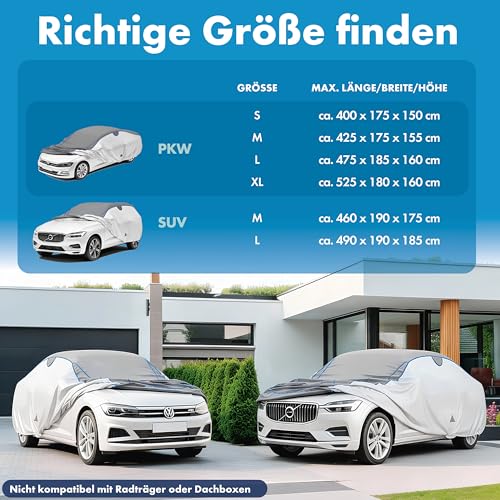 WALSER Hagelschutz Abdeckplane Auto, Hagelschutzplane Auto, Wasserabweisende Autoabdeckung, Outdoor Vollgarage, PKW Abdeckung, Fahrzeug Abdeckplane PKW S max. Fahrzeuglänge 350-400 cm Silber/grau
