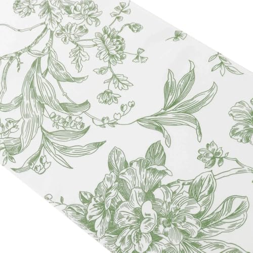 12 x 108-Inch White with Dusty Sage Green Floral French Toile Polyester Table Top Runner Wedding Party Event Reception Occasions Linens Decorations