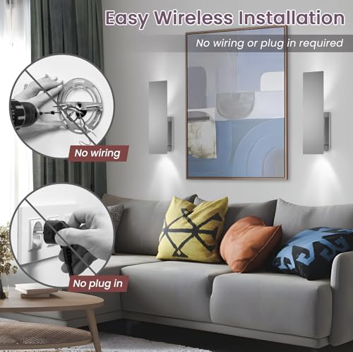 Image of Brushed Nickel Battery Operated Wall Sconces Set of Two,Dimmable Wireless Battery Wall Sconce with Remote,USB Rechargeable LED Wall Lights for Living Room Bedroom Hallway (Brushed Nickel)