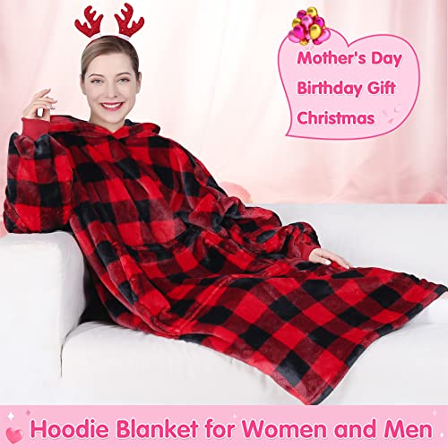 Waitu Wearable Blanket Hoodie Sweatshirt Gifts For Adult And Child, Super Warm And Cozy Giant Hoodie Blanket For Women And Men, Flannel Blanket With Sleeves And Giant Pocket - Red And Black Plaid #TOP3