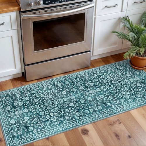 SILOLOOM Vintage Washable 2x5 Rug Runner, Dark Teal Runners for hallways, Super Soft Kitchen Runner Rug Non Slip, Print Faux Wool Floral Thin Carpet Runner for Entryway Indoor Bedroom