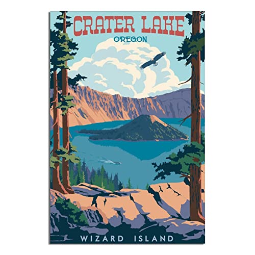 Crater Lake Oregon Wizard Island Vintage Travel Posters Crater Lake National Park Modern Posters Prints Painting Pictures Wall Decor Gifts, Canvas Wall Art for Living Room Wall Office Home Or Bedroom