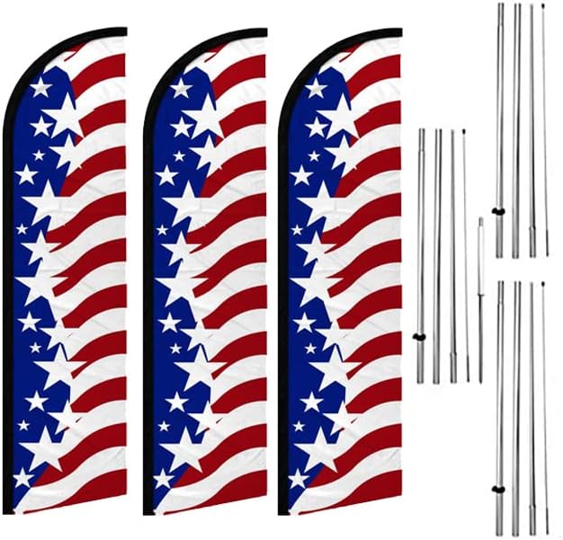 American Glory USA Stars Stripes Windless Swooper Flag Pole w/Ground Spike Kits wqJA3-h, 3 Pack L