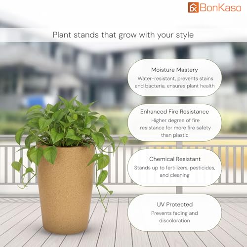 Image of BonKaso 18 inch Beige Pot - Tall, Durable & Lightweight Polymer Round Tower Planter for Indoor & Outdoor Use: Home, Office, Garden & Balcony (Gamla /Gamale)