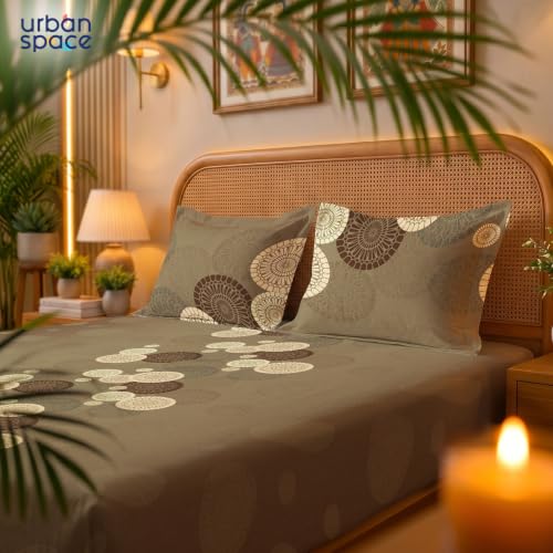 Image of Urban Space Serene 300TC 100% Cotton Bedsheet for Double Bed, Panel Design Bedsheet, Printed Queen Size Bed Sheet with 2 Pillow Covers (90 x 100 Inches, Moonstone Moss Brown)