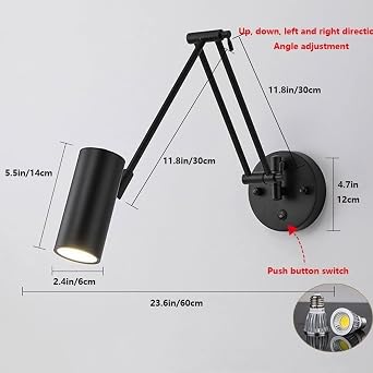 Vintage Industrial Swing Arm Wall Sconce Dimmable Switch Adjustable Gold Long Arm Wall Mounted Reading Light Black White Farmhouse Hardwire Wall Lamp for Bedroom Bedside Headboard(Black,B)