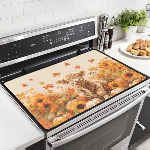 Image of Cattle Sunflower Maple Electric Stove Guard Protector Folding Ceramic Stove top Cover 30x21 Inch Heat Resistant Mat Extra Large Dish Dry Mat for Kitchen Tanksgiving Day Decorations
