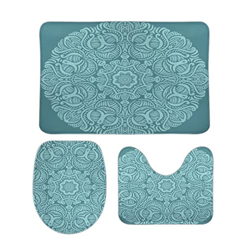 Badezimmerteppich Teppich Set rutschfest inkl. U-Form Konturenmatte Toilettensitzbezug Türkis Kreismuster Extra Weich Coral Fleece Memory Foam 3 Stück