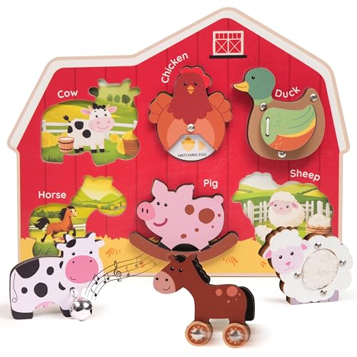 Image of KALOTOYS Wooden Farm Animal Puzzle for Toddlers 1-3 - 6 Piece Montessori Sound & Sensory Puzzle with Textures & Hatching-Egg Chicken - Fine Motor Learning Toy & Autism-Friendly Baby Gift
