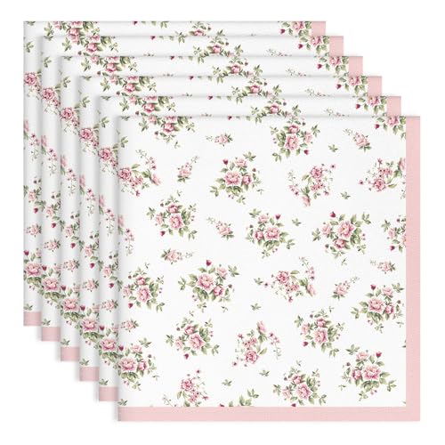 Arquiel Pink Floral Rose Print Cloth Napkins 100% Cotton, 18" X 18" Dinner Napkins Cloth Set