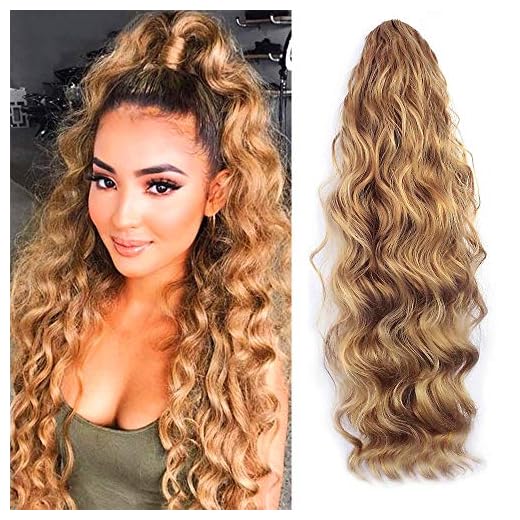 KETHBE 24 Inch Long Body Wave Ponytail hair Extension Synthetic Heat Resistant Wrap Around Drawstring Curly Wavy Ponytail Hairpieces for Women(Blonde Mix Brown)