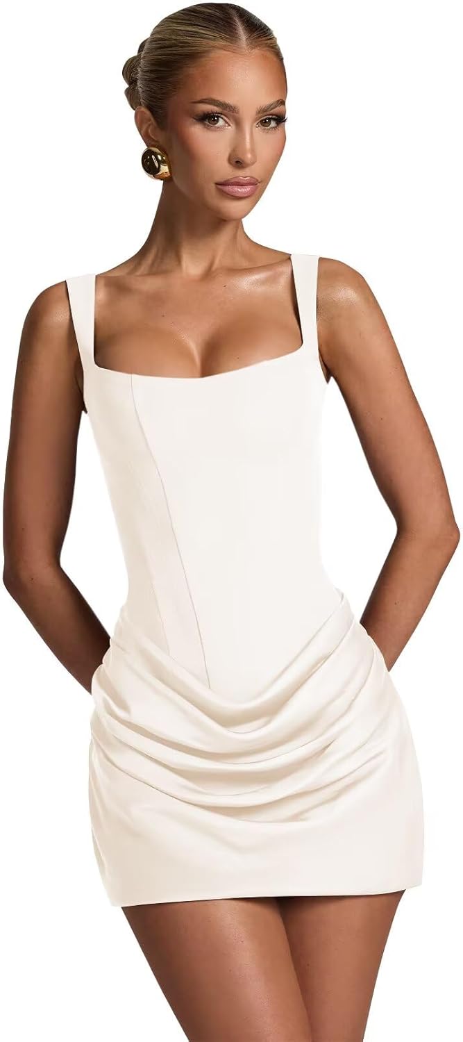 Tianzhihe Pleated Satin Homecoming Dresses for Teens 2026 Square Neck Spaghetti Straps Short Modest Cocktail Dress