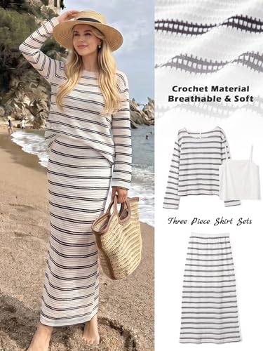 Glamaker Womens Crochet Cover Up 2 Piece Skirt Sets Summer Mesh Striped Long Sleeve Tops Maxi Skirt Sets Vacation Outfits — view 2