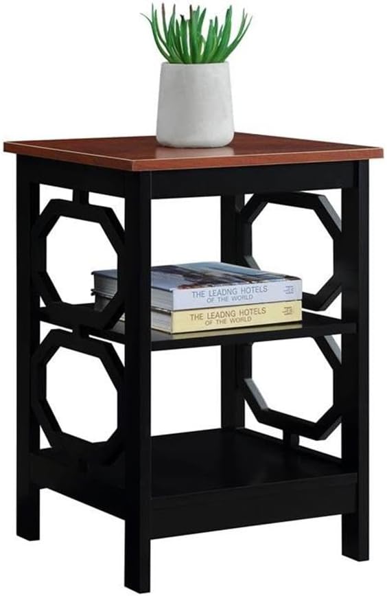 Pemberly Row Modern End Table, 15.75L x 15.75W x 23.75H, Cherry and Black Wood Finish, Two Shelves for Storage, Octagon Side Cut-Outs, Durable Accent Table for Living Room Display or Decor Use