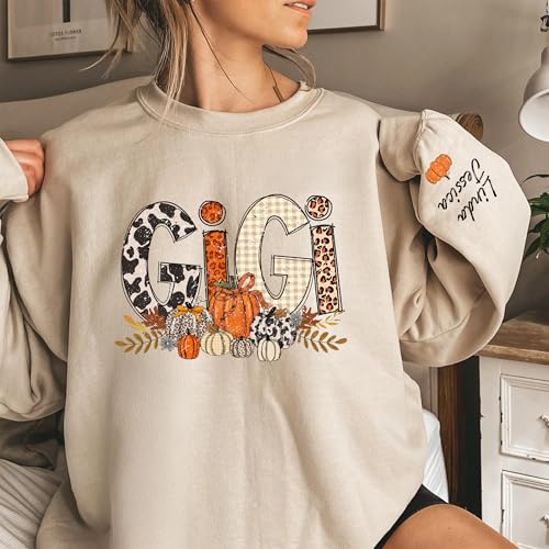 Personalized Pumpkin Autumn Grandma With GrandKids Name on Sleeve Sweatshirt, Cozy Pumpkin Season Sublimation2