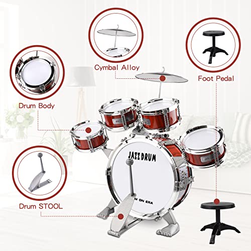 Kids Drum Set 9 Piece Toddler Drum Kit Musical Instruments Kids Jazz Drum Kit With Stool, Bass Drum, Cymbal, 2 Drum Sticks And 4 Small Drums Toys For 3 4 5 Year Old Boys Girls Gifts (Red) #TOP1