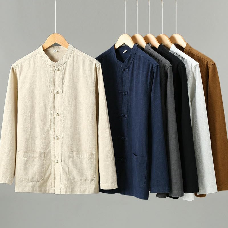 Chemise homme style chinois coton et lin manches longues traditionnelles amples - 4