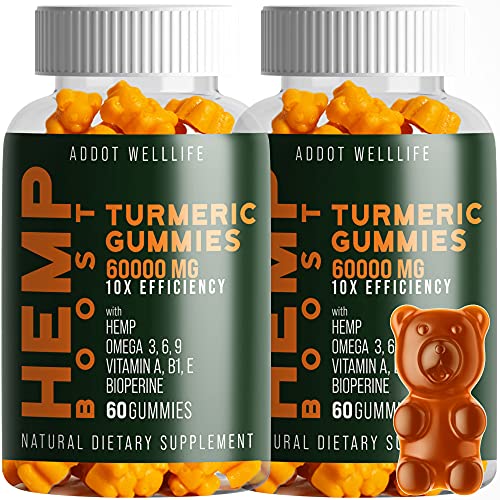 Turmeric Hemp Gummies - Natural High Potency Vitamin Gummies by ADDOT WellLife - Vegan Hemp Oil Infused Gummy (2 Bottles) (60 Count (Pack of 2), Turmeric)