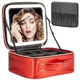 Extrei Gent Makeup Travel Train Case with Mirror LED Light 3 Adjustable Brightness Large Cosmetic Bag Portable Storage Adjustable Partition Waterproof Brushes Make up Jewelry Gift for Women