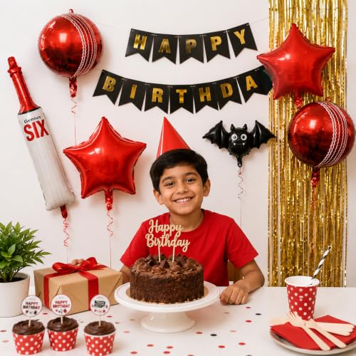 Image of Rozi Decoration Cricket Theme Foil Balloon Set Pack of 5 - Bat Shape Balloon, 2 Round Cricket Ball Balloons, 2 Star Foil Balloons for Birthday Decoration, Sports Theme Party Supplies