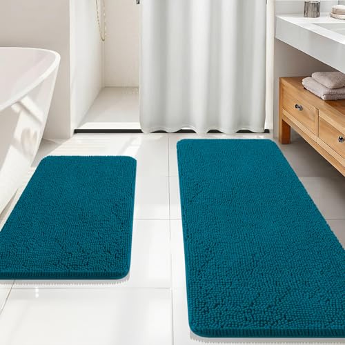Image of OLANLY Bathroom Rugs Sets 2 Piece, Soft Absorbent Chenille Bath Mats Area Rug Set, Non-Slip, Quick Dry, Machine Washable Bath Mats for Bathroom, Home Decor Accessories (59 inchx20 inch+30 inchx20 inch, Peacock Blue)